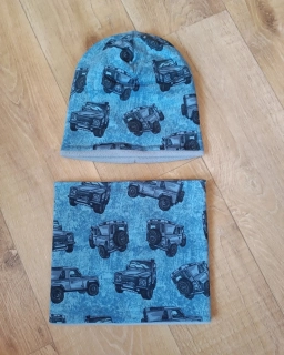 Zimní komplet "Terénní auta" sv. šedý fleece, vel. 48-50cm