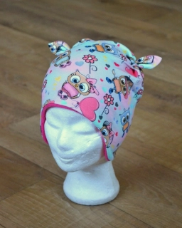 Zimní tvarovaná čepice s oušky "Sovičky + růžový fleece"